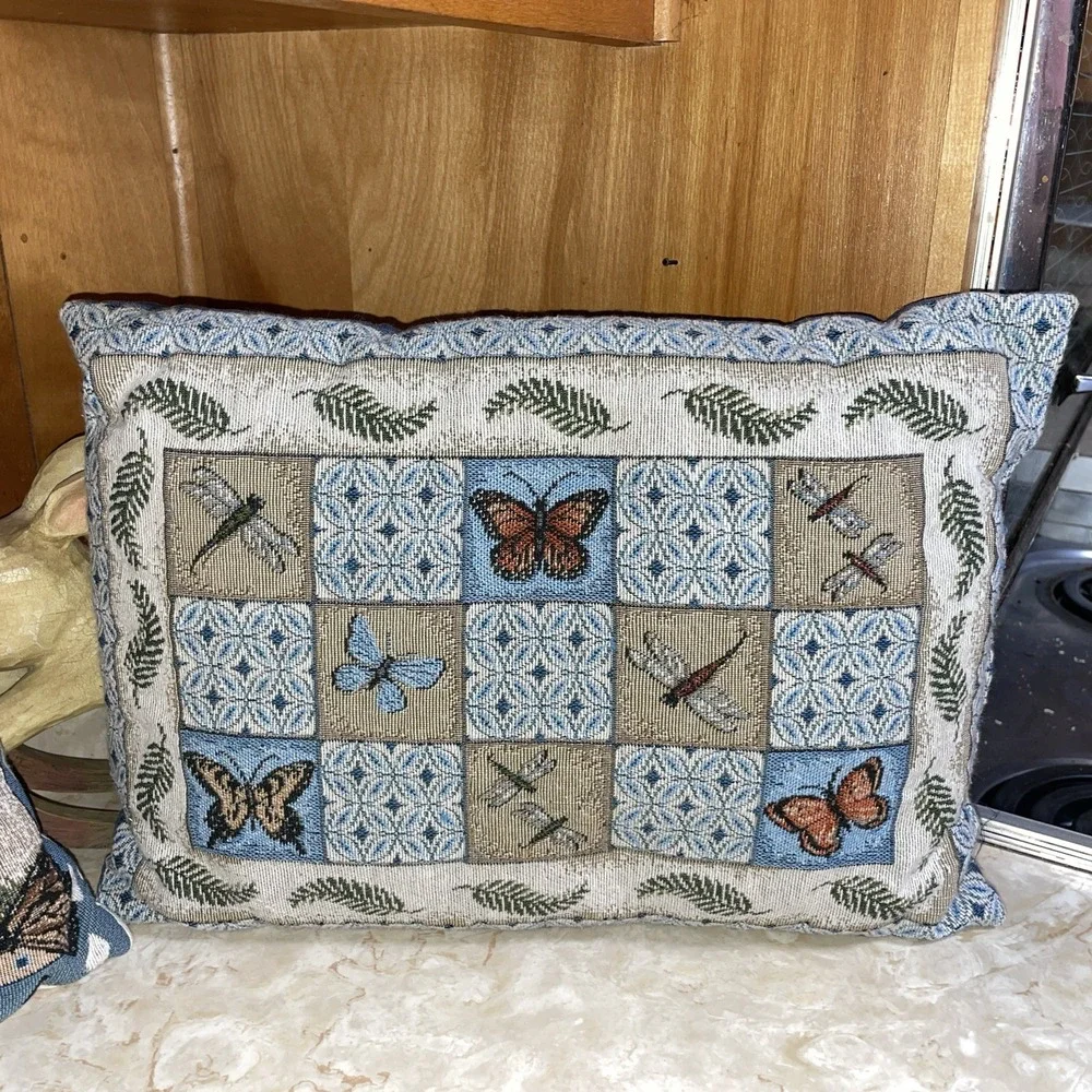 Two Small‎ Tapestry Pillows Nature Rabbit Rose Tree Tulip Butterfly Dragonfly